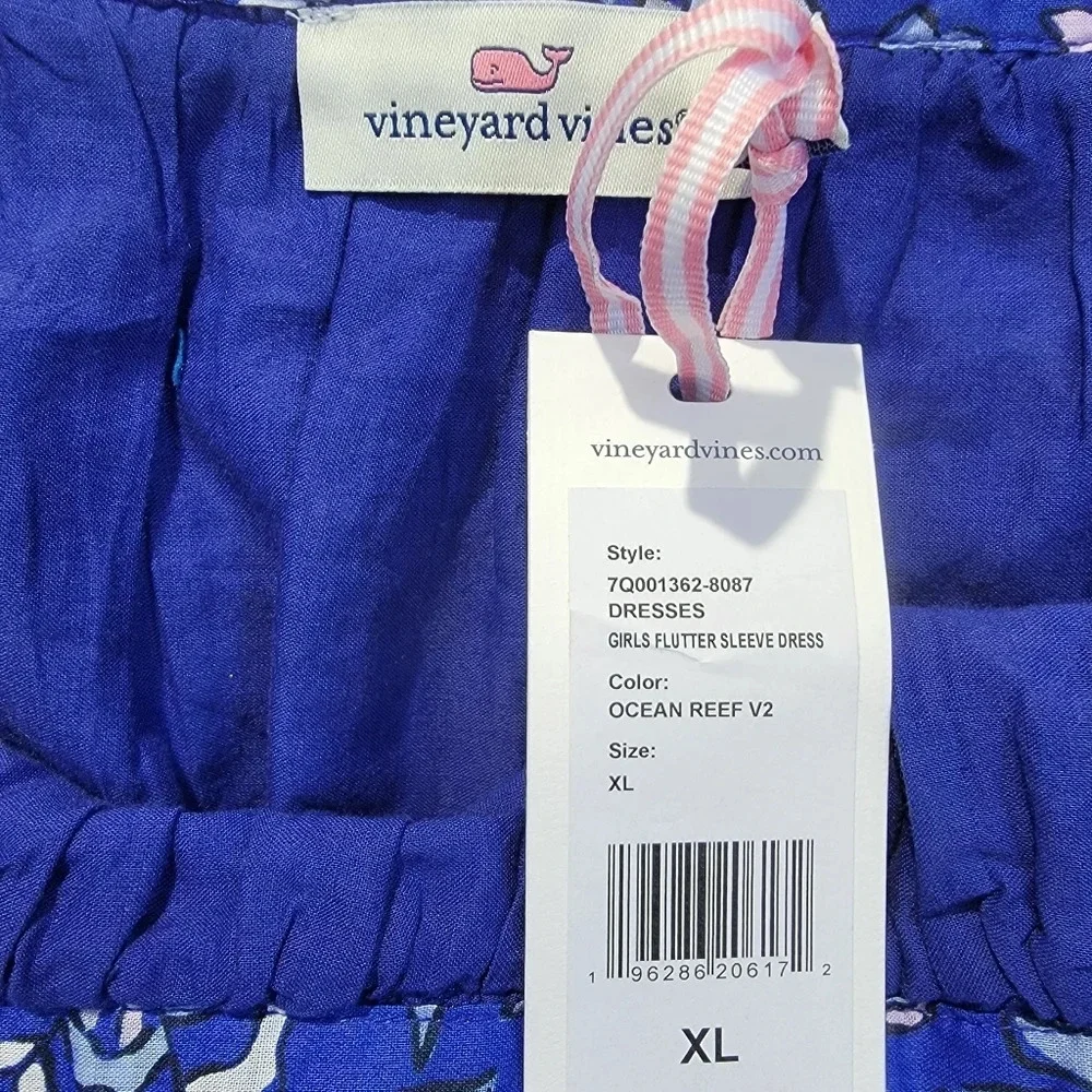 NWT Vineyard Vines Girls Flutter Sleeve Dress Blue With Pink Lt Blue Floral XL